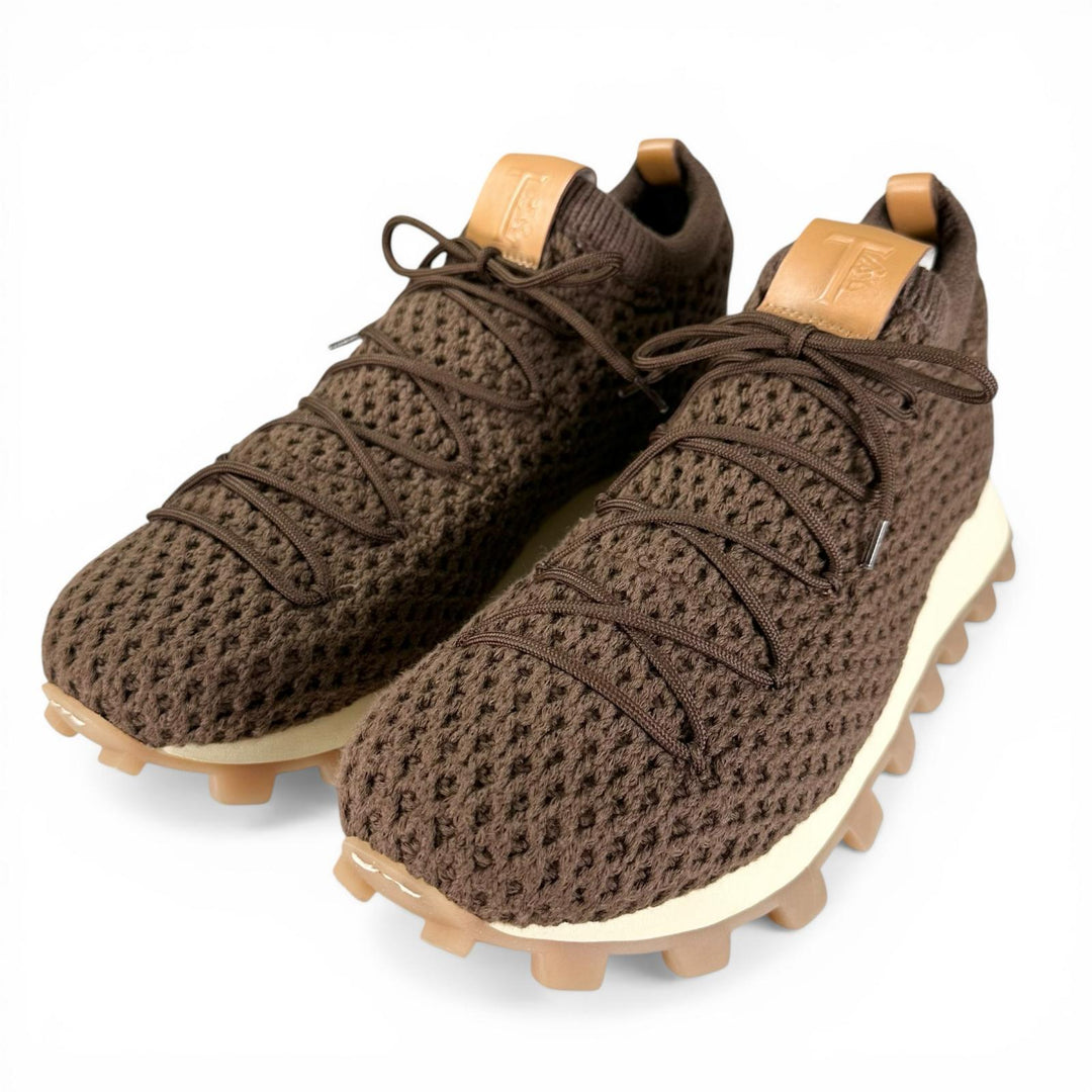 未使用品▲TOD’S トッズ ファブリック レザー使い ニット ローカットスニーカー シューズ ブラウン 8.5 イタリア製 メンズ 保存袋付き