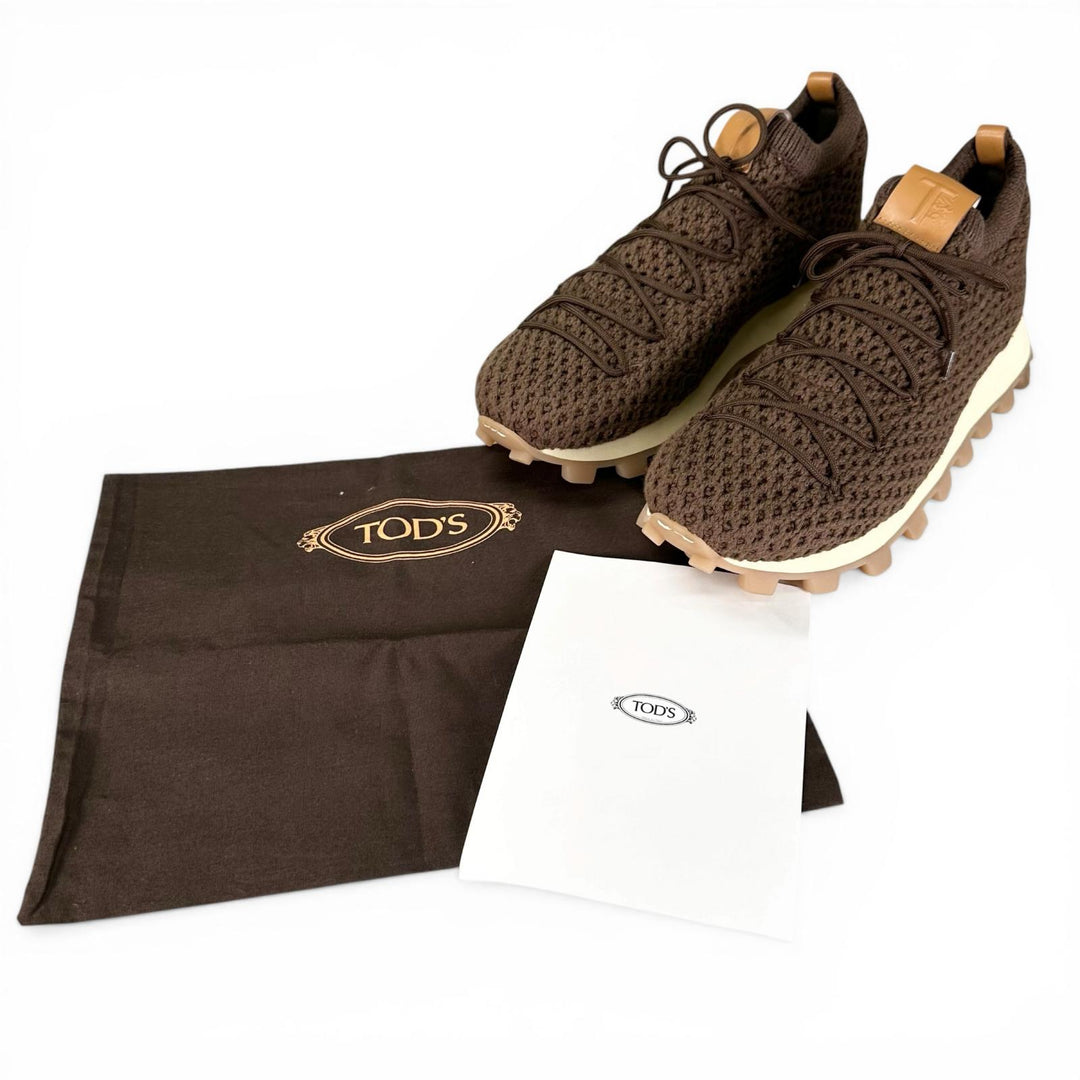 未使用品▲TOD’S トッズ ファブリック レザー使い ニット ローカットスニーカー シューズ ブラウン 8.5 イタリア製 メンズ 保存袋付き