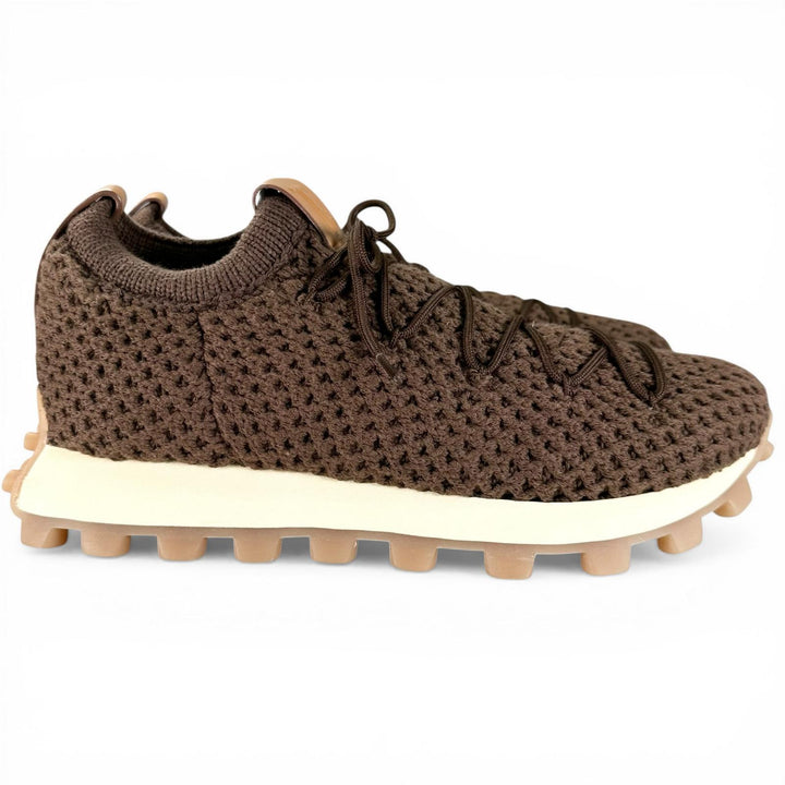 未使用品▲TOD’S トッズ ファブリック レザー使い ニット ローカットスニーカー シューズ ブラウン 8.5 イタリア製 メンズ 保存袋付き