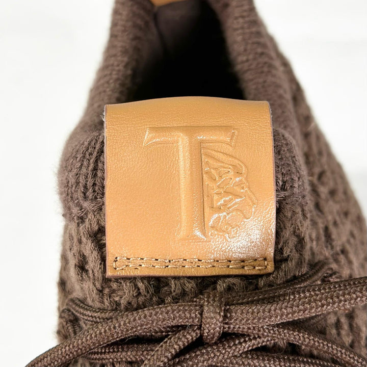 未使用品▲TOD’S トッズ ファブリック レザー使い ニット ローカットスニーカー シューズ ブラウン 8.5 イタリア製 メンズ 保存袋付き