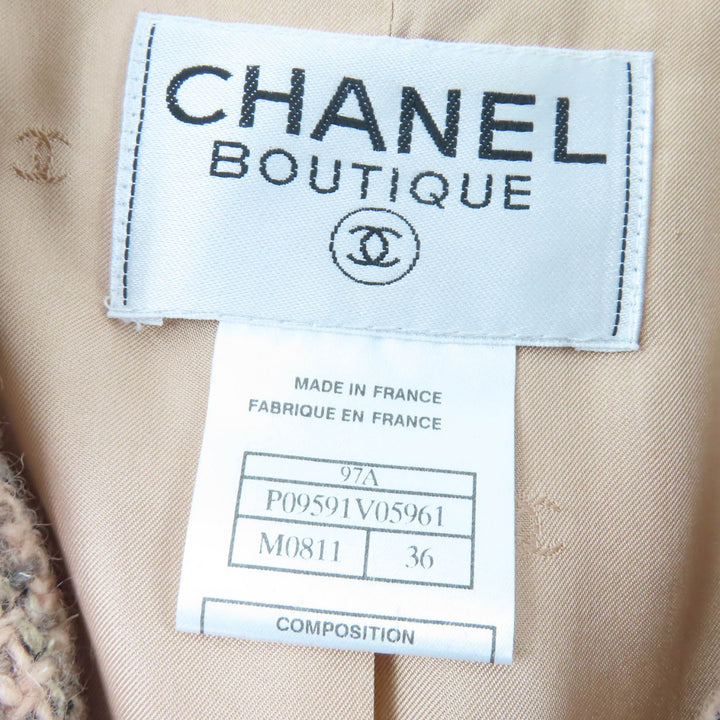 極美品☆CHANEL シャネル 97A P09591V05961 シルク混 ロゴボタン レザー使い ツイード ジャケット ピンク系 36 仏製 正規品 レディース
