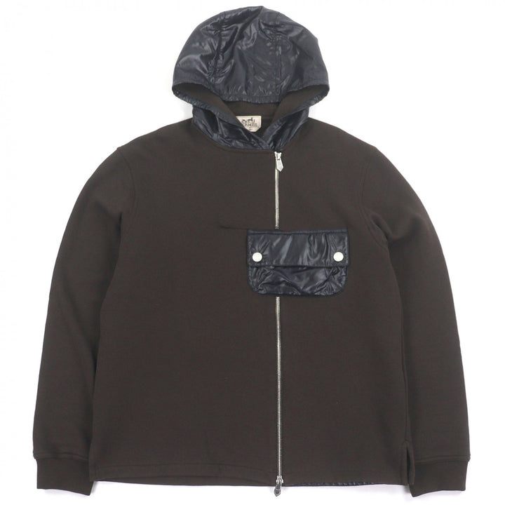 極美品□HERMES エルメス 22AW ジップデザイン セリエボタン ナイロン切替 プルオーバーパーカー ブラウン S イタリア製 正規品 メンズ