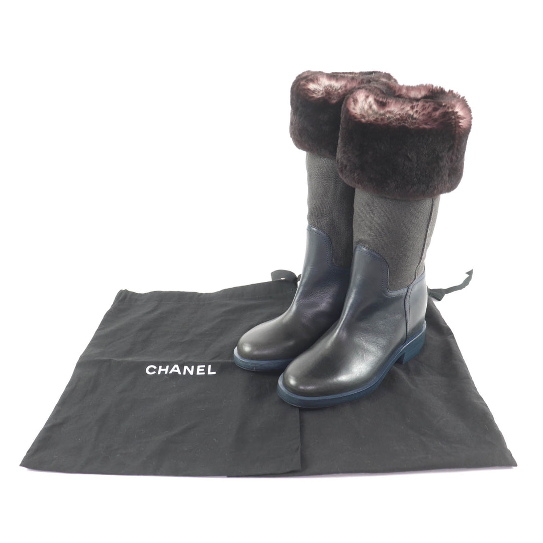 美品★CHANEL シャネル ココマーク刺繍入り レザー使い ラビットファー ロングブーツ ブラウン ネイビー 35.5 保存袋付き イタリア製