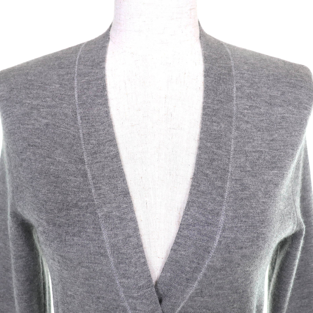美品△Brunello Cucinelli ブルネロクチネリ カシミヤ シルク モニーレ装飾 Vネック 長袖 ロング ニット カーディガン グレー L 正規品