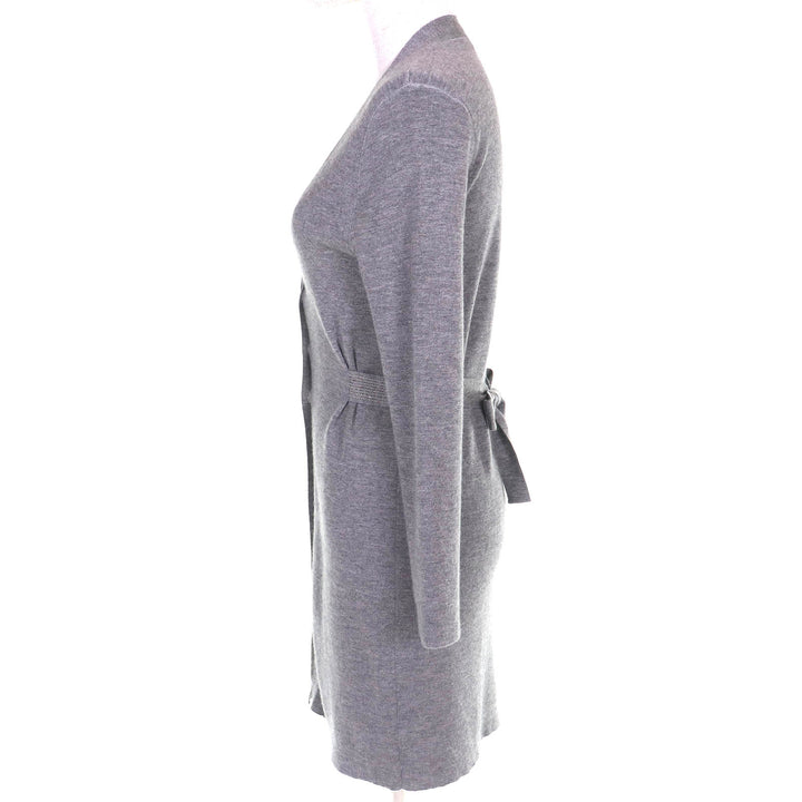 美品△Brunello Cucinelli ブルネロクチネリ カシミヤ シルク モニーレ装飾 Vネック 長袖 ロング ニット カーディガン グレー L 正規品
