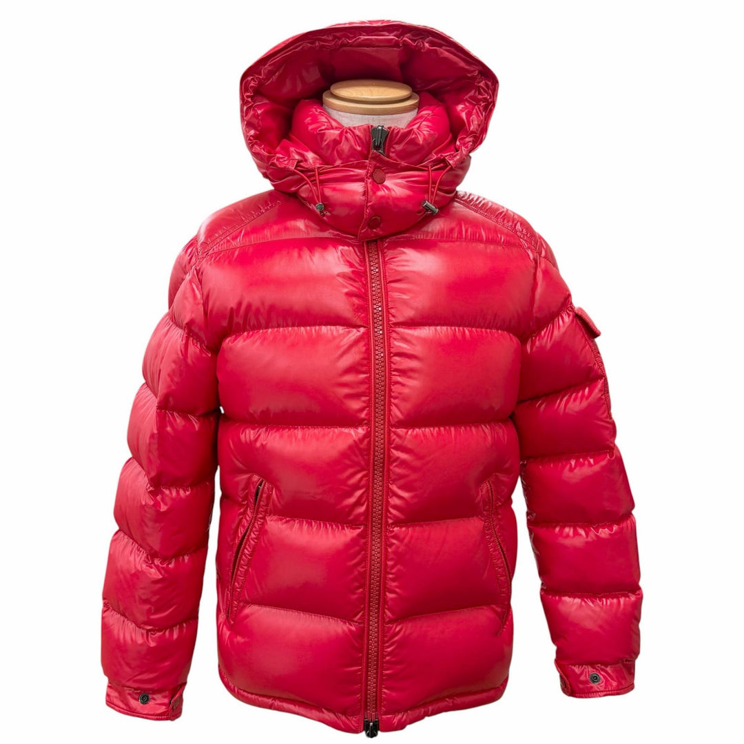 美品△MONCLER モンクレール MAYA マヤ ロゴワッペン付き フーデッド ダブルジップ ダウンジャケット レッド 0 正規品 メンズ