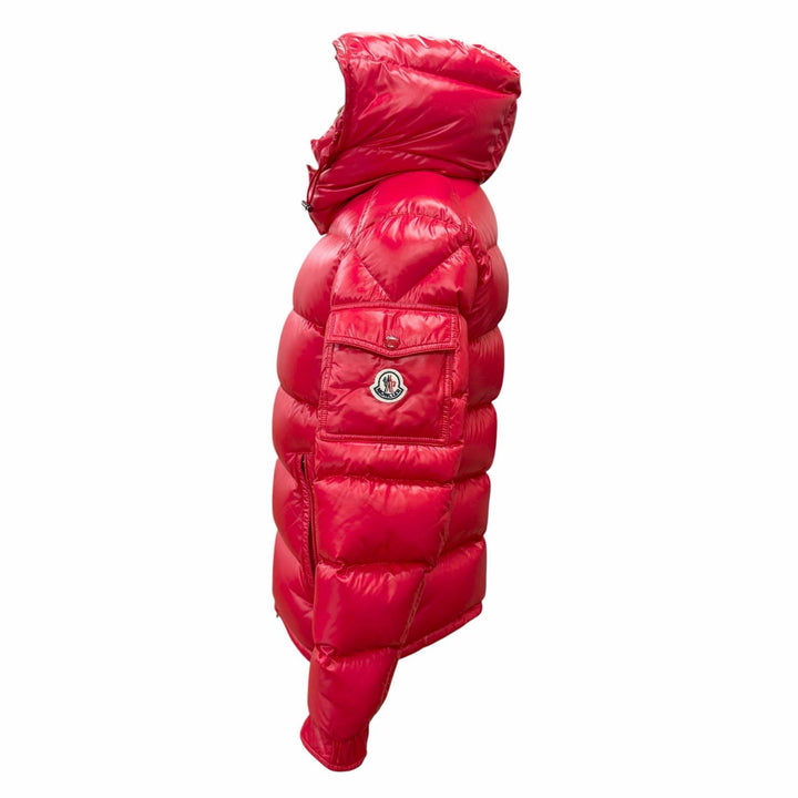 美品△MONCLER モンクレール MAYA マヤ ロゴワッペン付き フーデッド ダブルジップ ダウンジャケット レッド 0 正規品 メンズ