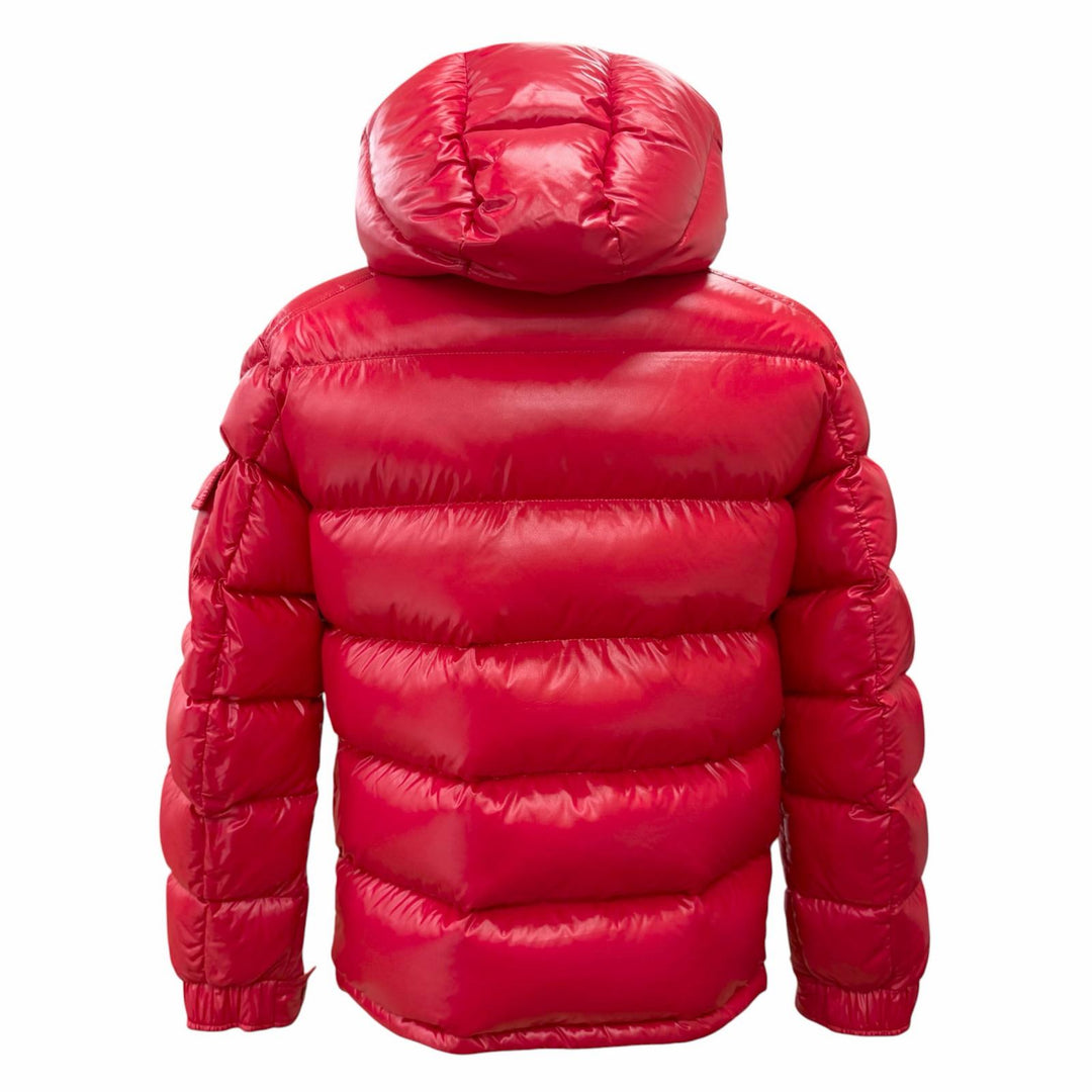 美品△MONCLER モンクレール MAYA マヤ ロゴワッペン付き フーデッド ダブルジップ ダウンジャケット レッド 0 正規品 メンズ