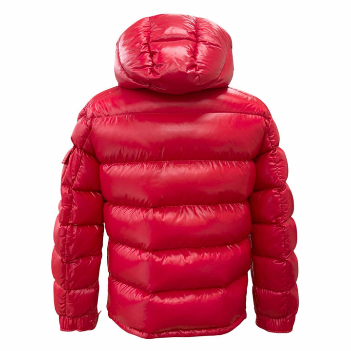 美品△MONCLER モンクレール MAYA マヤ ロゴワッペン付き フーデッド ダブルジップ ダウンジャケット レッド 0 正規品 メンズ