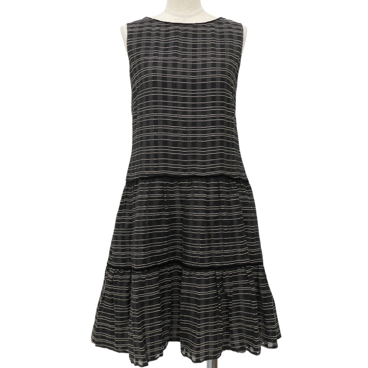 極美品▲FOXEY フォクシー 42958 Dress Prologue ウール シルク混 ノースリーブ ワンピース ブラック ホワイト 38 日本製 レディース