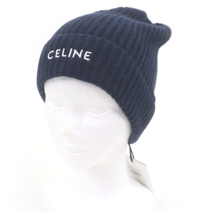 未使用品□CELINE セリーヌ 2AG83207O カシミヤ100％ ロゴ刺繍 エンブロイダリー ビーニー ニットキャップ ネイビー イタリア製 正規品