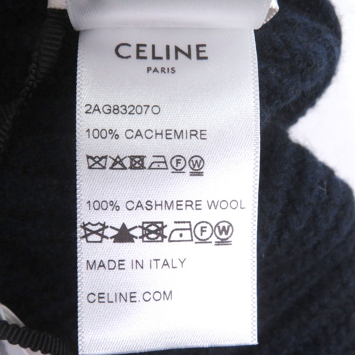 未使用品□CELINE セリーヌ 2AG83207O カシミヤ100％ ロゴ刺繍 エンブロイダリー ビーニー ニットキャップ ネイビー イタリア製 正規品