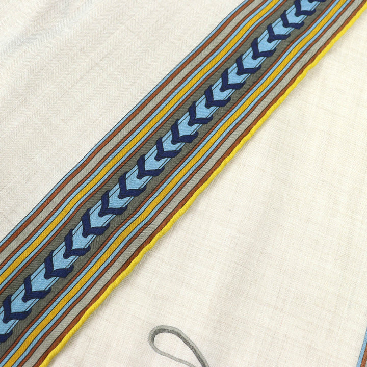 極美△HERMES エルメス レクタングル BRIDES ET GRIS GRIS 馬勒とチャーム カシミヤ シルク フリンジ スカーフ ストール ベージュ ブルー