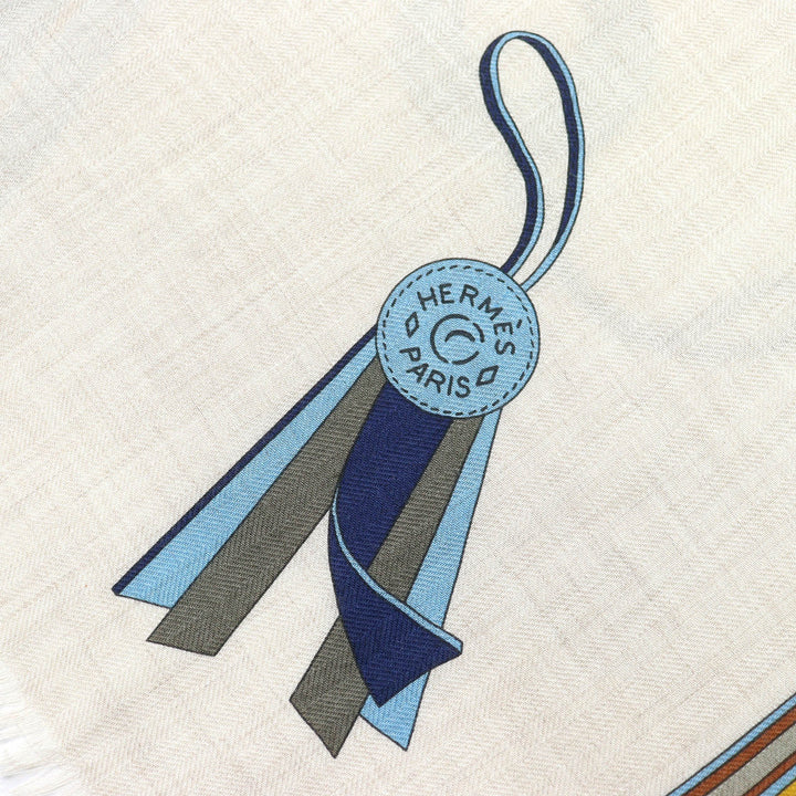 極美△HERMES エルメス レクタングル BRIDES ET GRIS GRIS 馬勒とチャーム カシミヤ シルク フリンジ スカーフ ストール ベージュ ブルー