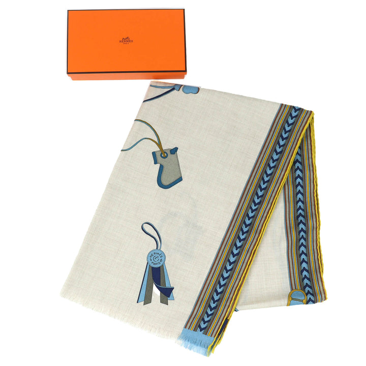 極美△HERMES エルメス レクタングル BRIDES ET GRIS GRIS 馬勒とチャーム カシミヤ シルク フリンジ スカーフ ストール ベージュ ブルー