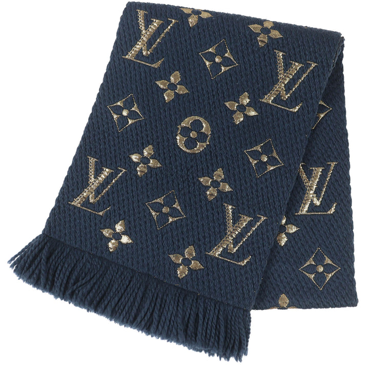 美品△LOUIS VUITTON ルイヴィトン 2018年 M70815 エシャルプ ロゴマニア シャイン ウール シルク フリンジ マフラー ネイビー ゴールド