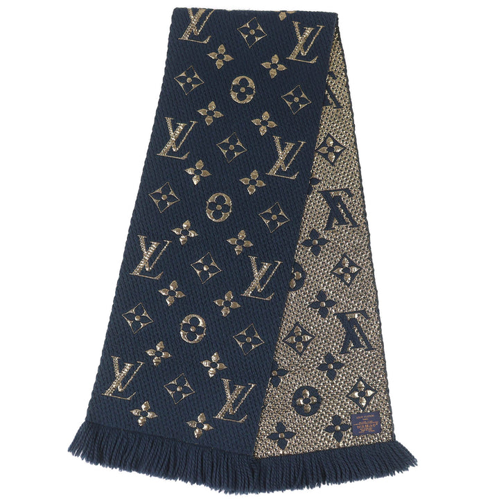 美品△LOUIS VUITTON ルイヴィトン 2018年 M70815 エシャルプ ロゴマニア シャイン ウール シルク フリンジ マフラー ネイビー ゴールド