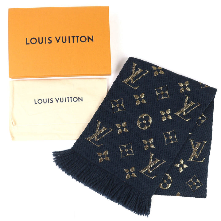 美品△LOUIS VUITTON ルイヴィトン 2018年 M70815 エシャルプ ロゴマニア シャイン ウール シルク フリンジ マフラー ネイビー ゴールド