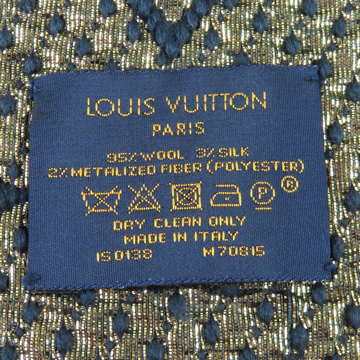 美品△LOUIS VUITTON ルイヴィトン 2018年 M70815 エシャルプ ロゴマニア シャイン ウール シルク フリンジ マフラー ネイビー ゴールド