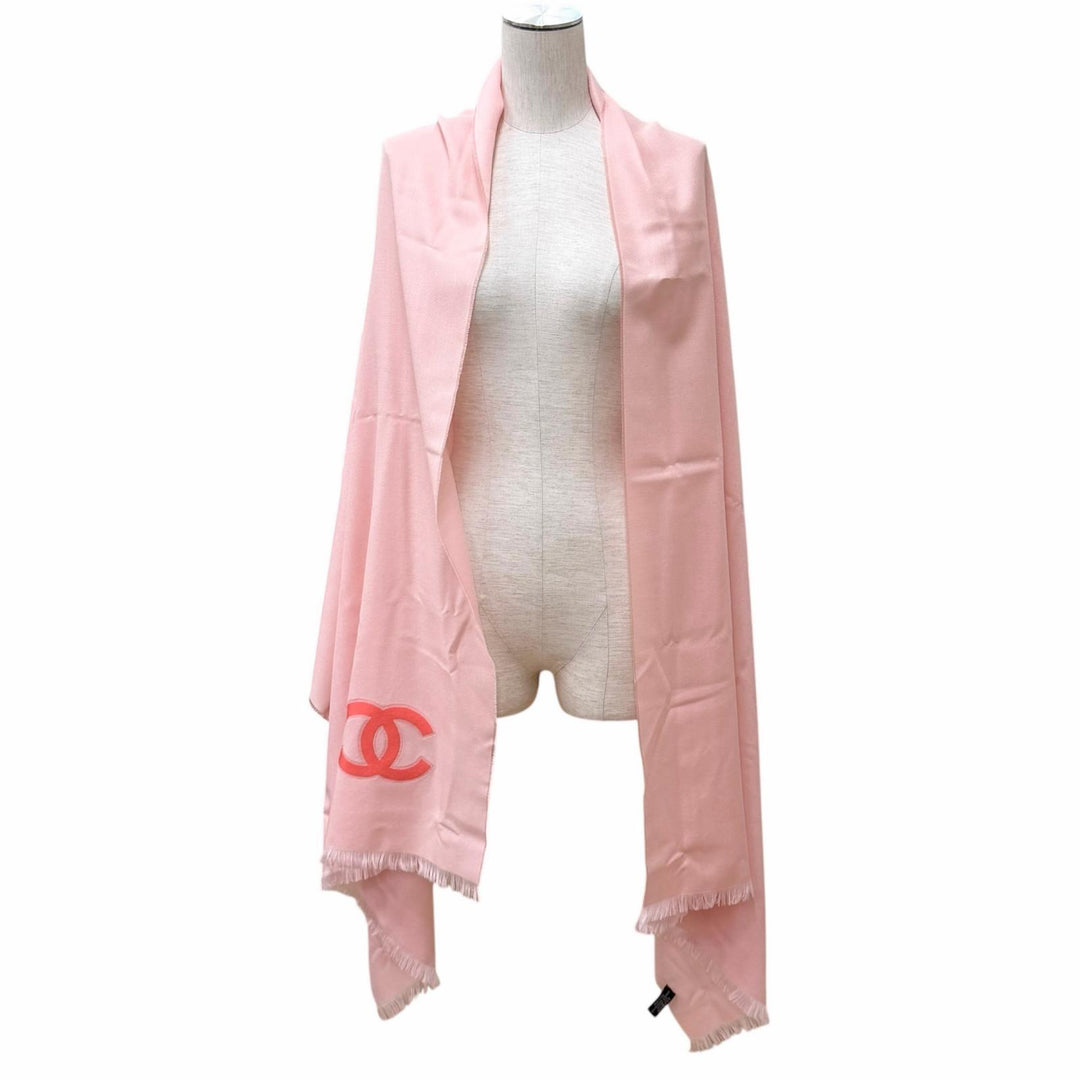 極美品★CHANEL シャネル 23C カシミヤ シルク混 ココマーク フリンジ付 大判 ストール ショール ピンク イタリア製 レディース 箱付き
