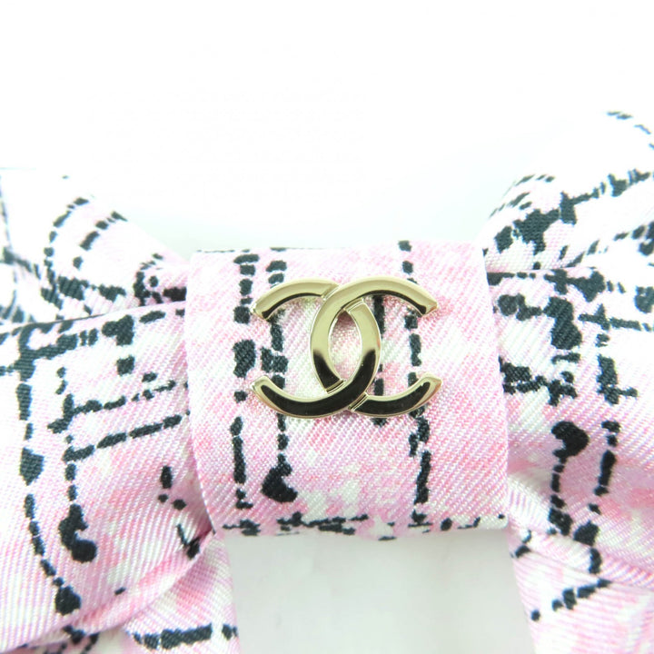 極美品★CHANEL シャネル 25B 2025年秋冬コレクション ココマーク ツイード柄プリント シルク リボン バレッタ ピンク 箱付き イタリア製