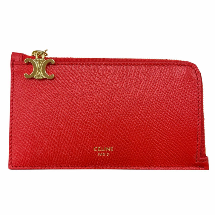 極美品◇CELINE セリーヌ L10083FVO レザー トリオンフ ジップ付き ロングカードケース レッド ゴールド金具 箱・保存袋付き イタリア製