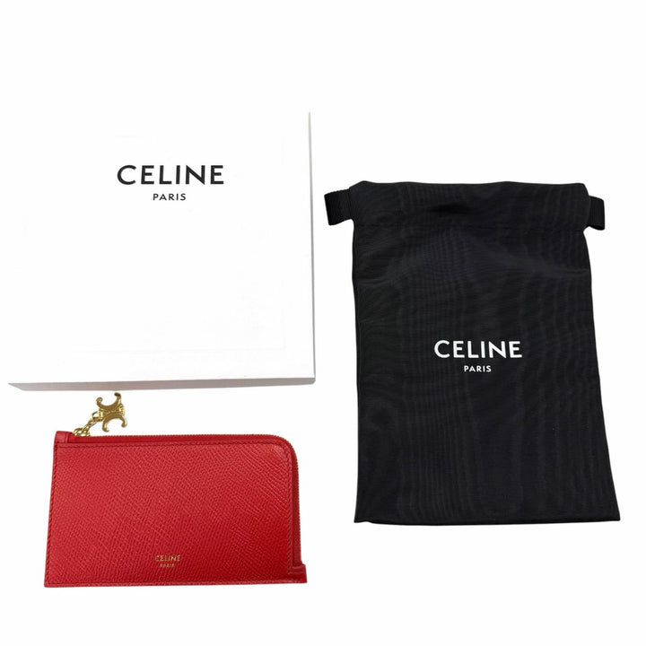 極美品◇CELINE セリーヌ L10083FVO レザー トリオンフ ジップ付き ロングカードケース レッド ゴールド金具 箱・保存袋付き イタリア製