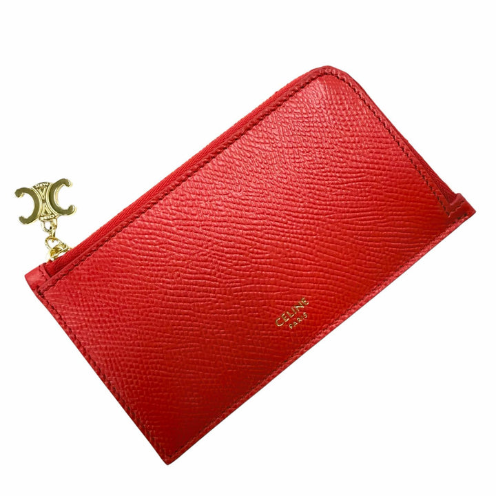 極美品◇CELINE セリーヌ L10083FVO レザー トリオンフ ジップ付き ロングカードケース レッド ゴールド金具 箱・保存袋付き イタリア製