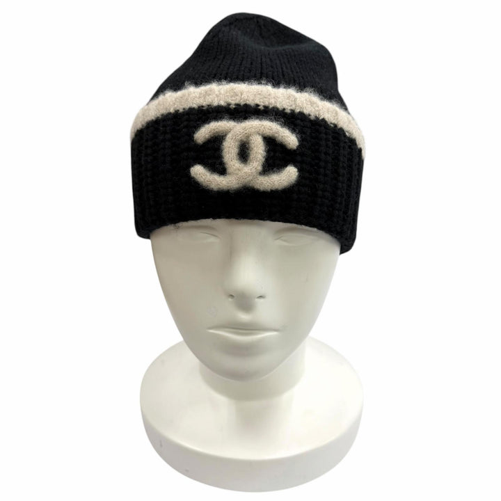 極美品★CHANEL シャネル ウール カシミヤ シルク混 ココマーク ニットキャップ ビーニー 帽子 ブラック ベージュ 正規品 レディース