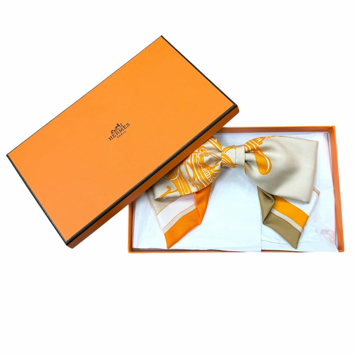未使用品★HERMES エルメス シルク100％ グルネル エクスリブリス バレッタ リボン ベージュ オレンジ イタリア製 レディース 箱付き