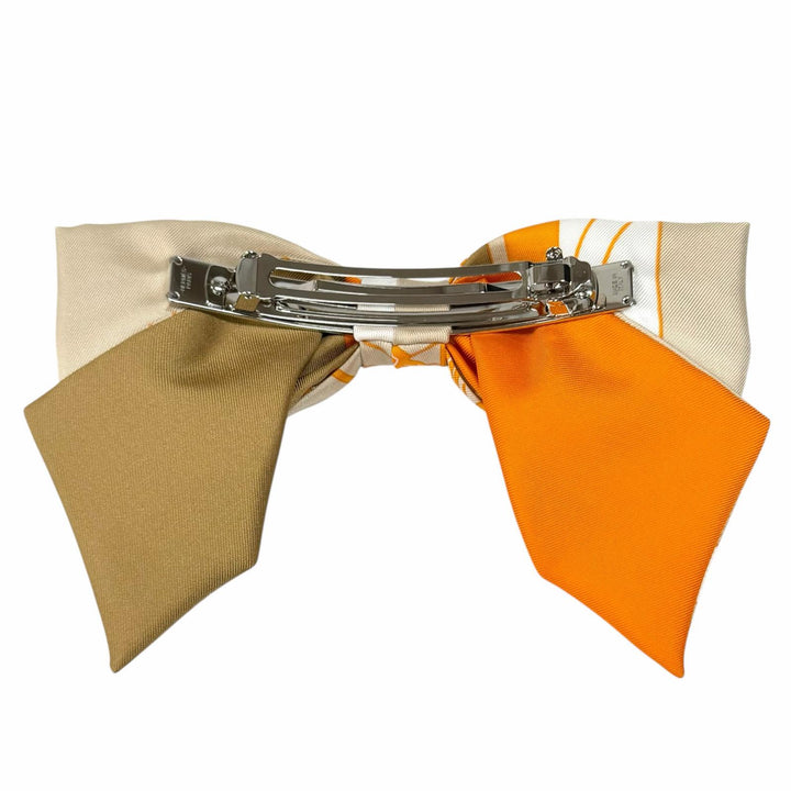未使用品★HERMES エルメス シルク100％ グルネル エクスリブリス バレッタ リボン ベージュ オレンジ イタリア製 レディース 箱付き