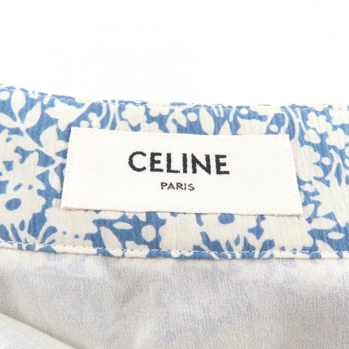 極美品★CELINE セリーヌ 2J264757L シルク100％ エディ期 フローラルプリント フレアスカート ライトブルー オフホワイト 38 正規品