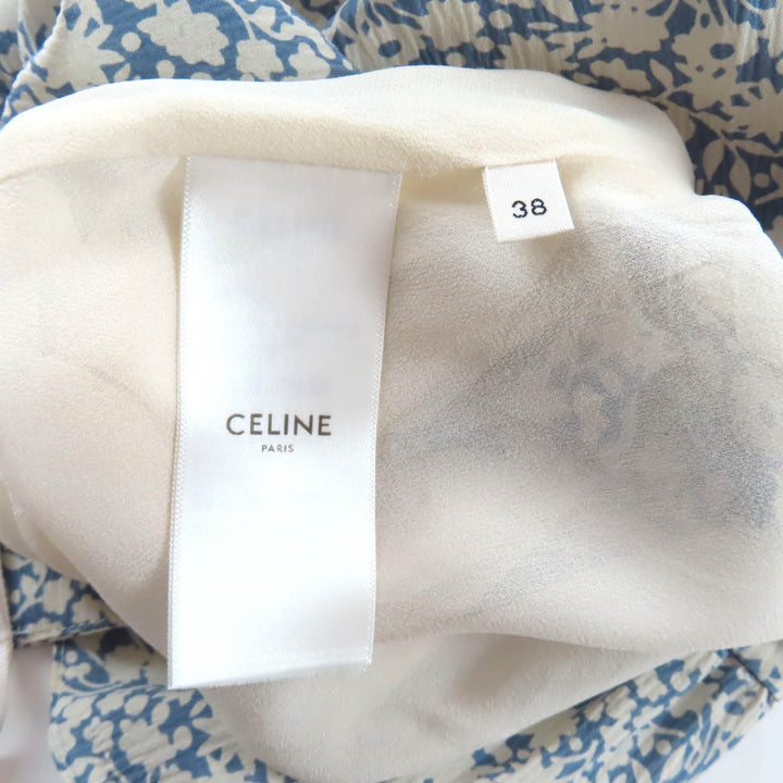極美品★CELINE セリーヌ 2J264757L シルク100％ エディ期 フローラルプリント フレアスカート ライトブルー オフホワイト 38 正規品