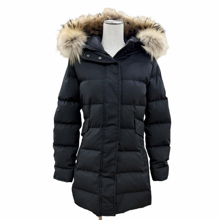美品◇Pyrenex ピレネックス W19P1 GRENOBLE グルノーブル ロゴワッペン ファー フード付き ダウンジャケット 黒 36 正規品 レディース