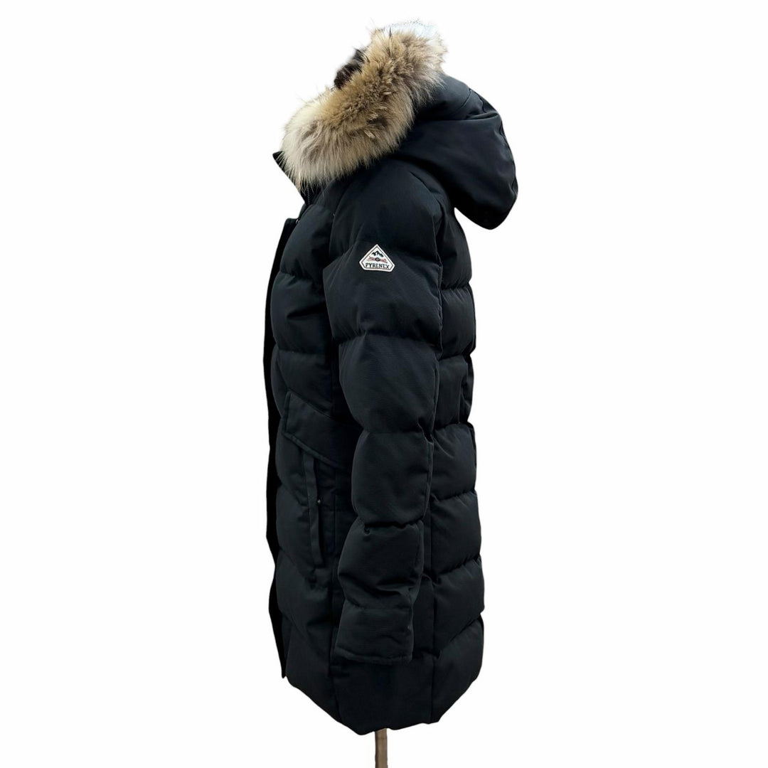 美品◇Pyrenex ピレネックス W19P1 GRENOBLE グルノーブル ロゴワッペン ファー フード付き ダウンジャケット 黒 36 正規品 レディース