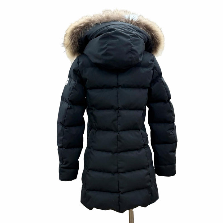 美品◇Pyrenex ピレネックス W19P1 GRENOBLE グルノーブル ロゴワッペン ファー フード付き ダウンジャケット 黒 36 正規品 レディース