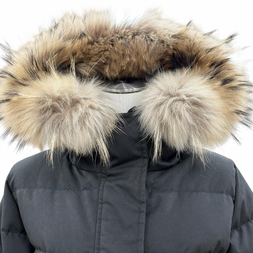 美品◇Pyrenex ピレネックス W19P1 GRENOBLE グルノーブル ロゴワッペン ファー フード付き ダウンジャケット 黒 36 正規品 レディース