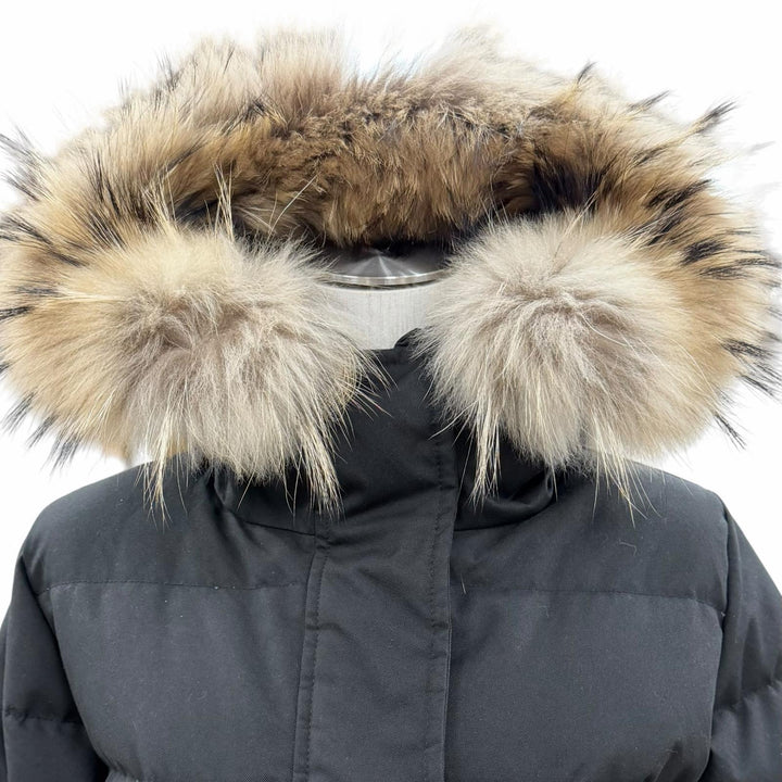 美品◇Pyrenex ピレネックス W19P1 GRENOBLE グルノーブル ロゴワッペン ファー フード付き ダウンジャケット 黒 36 正規品 レディース