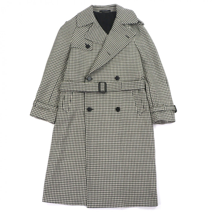 未使用品▼TAGLIATORE タリアトーレ ウール100% 千鳥格子柄 レザー使い ベルト付き ロング トレンチコート ブラック 48 伊製 メンズ