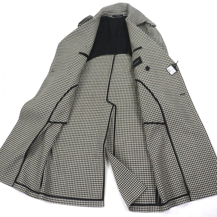 未使用品▼TAGLIATORE タリアトーレ ウール100% 千鳥格子柄 レザー使い ベルト付き ロング トレンチコート ブラック 48 伊製 メンズ