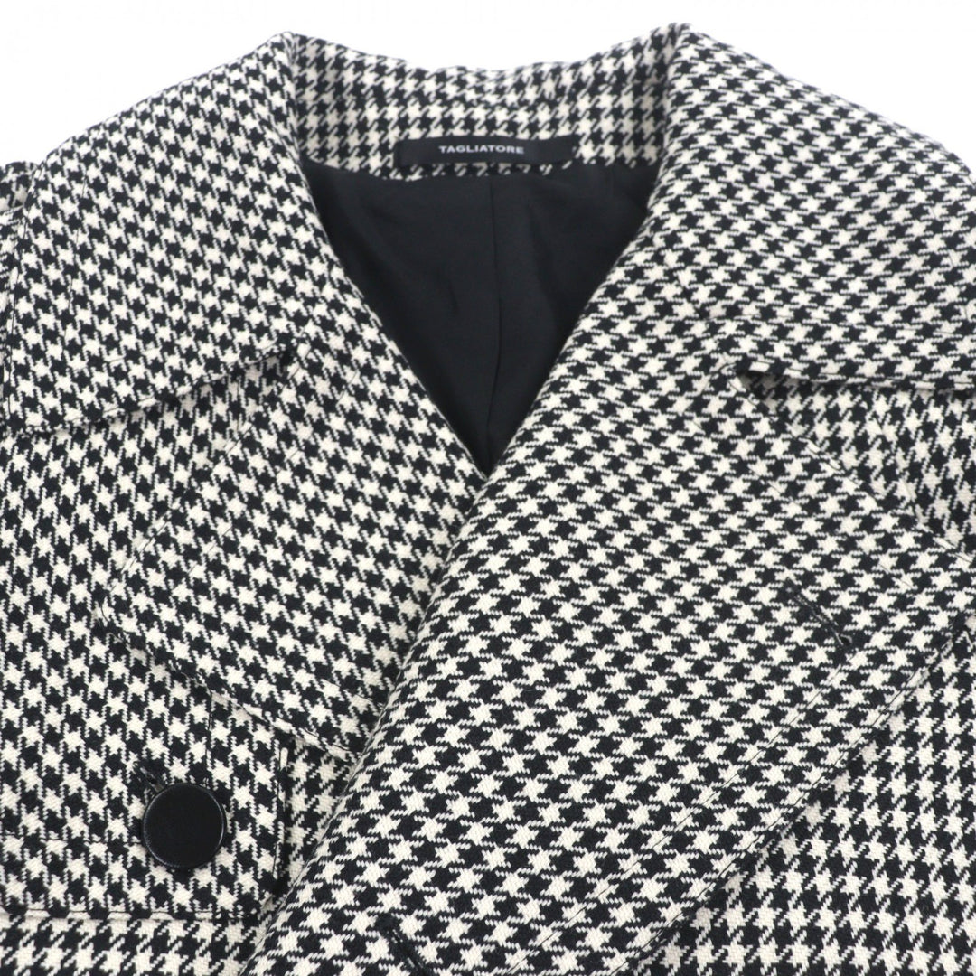 未使用品▼TAGLIATORE タリアトーレ ウール100% 千鳥格子柄 レザー使い ベルト付き ロング トレンチコート ブラック 48 伊製 メンズ