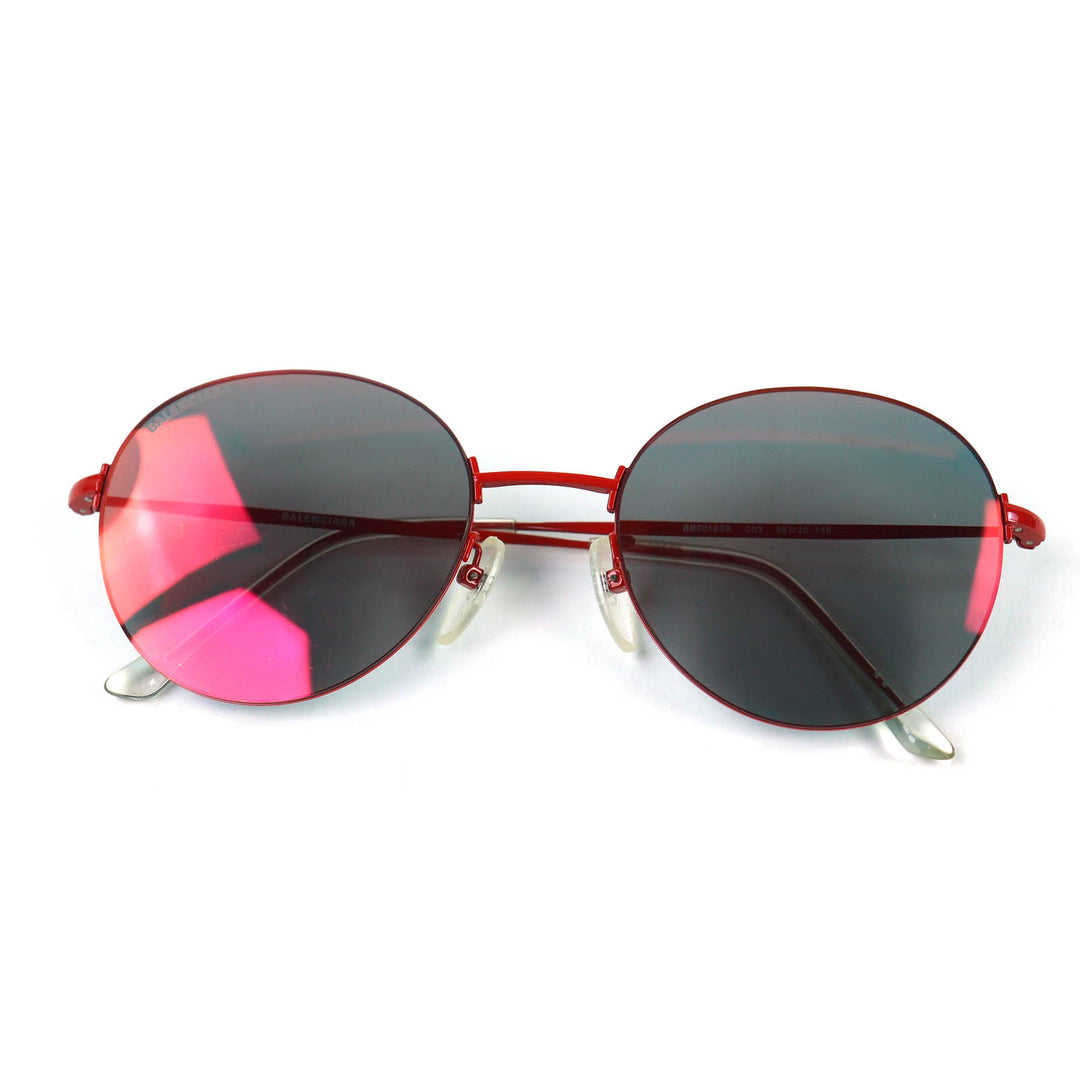 美品△BALENCIAGA バレンシアガ BB0016SK ロゴ ラウンド ミラーレンズ サングラス レッド 55□20-145 ケース付き イタリア製 メンズ