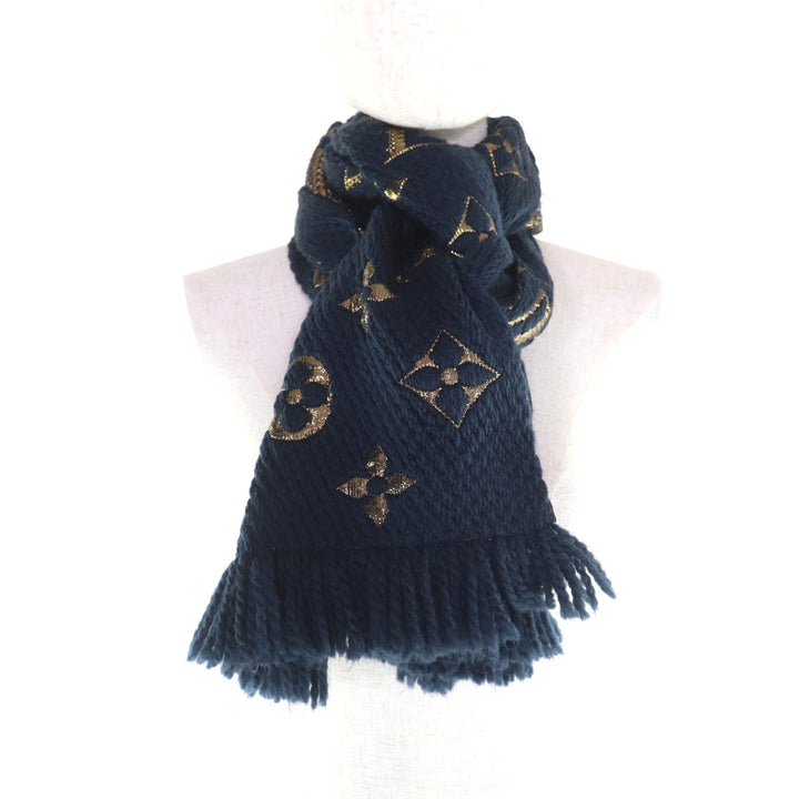 極美品★LOUIS VUITTON ルイヴィトン M70815 エシャルプロゴマニアシャイン シルク混 ブルーペトロール モノグラム マフラー 箱付