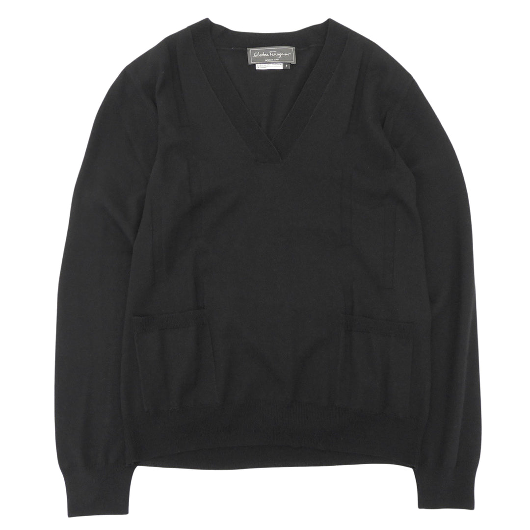 極美品▲Salvatore Ferragamo サルヴァトーレフェラガモ ウール100％ Vネック 長袖ニット セーター ブラック S イタリア製 正規品 メンズ