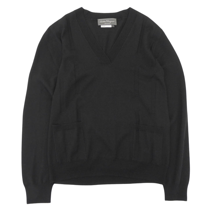 極美品▲Salvatore Ferragamo サルヴァトーレフェラガモ ウール100％ Vネック 長袖ニット セーター ブラック S イタリア製 正規品 メンズ