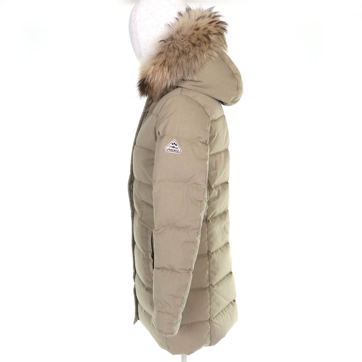 美品△Pyrenex ピレネックス GRENOBLE グルノーブル ロゴワッペン ファー フード付き ダウンジャケット ダウンコート ベージュ 36 正規品