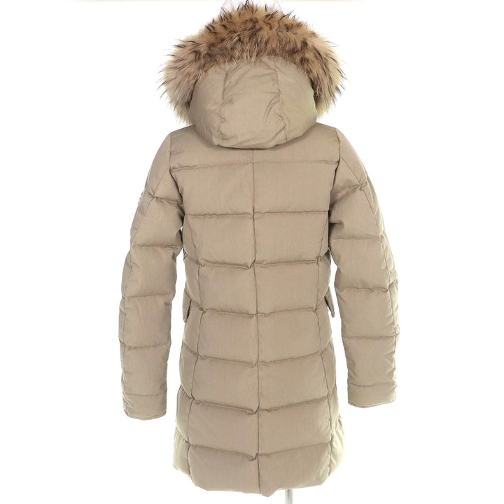美品△Pyrenex ピレネックス GRENOBLE グルノーブル ロゴワッペン ファー フード付き ダウンジャケット ダウンコート ベージュ 36 正規品
