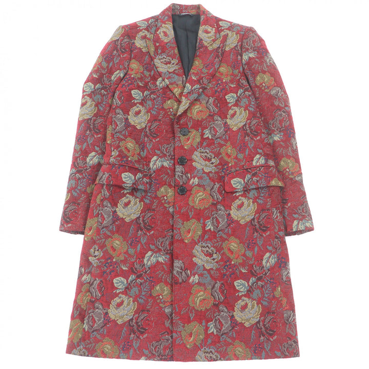 極美品□DOLCE&amp;GABBANA ドルチェ＆ガッバーナ 黒タグ フラワー 総柄 ジャガード チェスターコート レッド 48 ハンガー付き 伊製 正規品