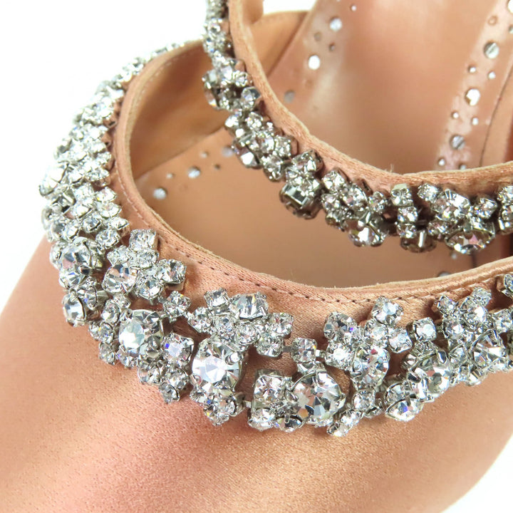 極美品△MANOLO BLAHNIK マノロブラニク VEDADAMU クリスタルビジュートリム ポインテッドトゥ サテン ミュール ピンクベージュ 37.5
