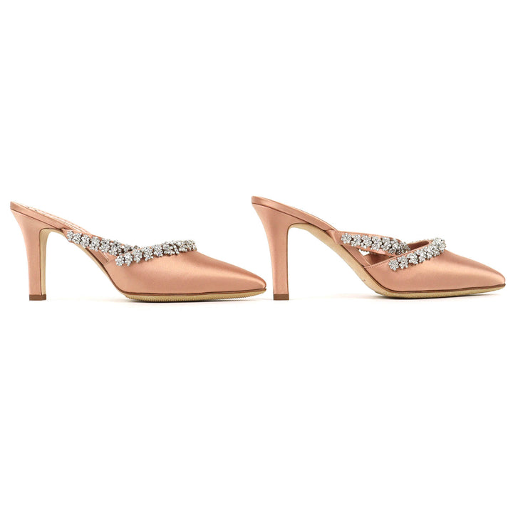 極美品△MANOLO BLAHNIK マノロブラニク VEDADAMU クリスタルビジュートリム ポインテッドトゥ サテン ミュール ピンクベージュ 37.5